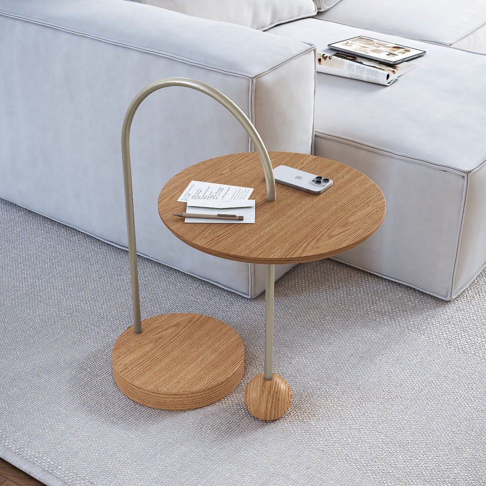 Elipsis side table in natural oak veneer with champagne metal frame