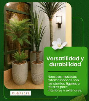 Trio of rotomolded, cement-colored pots with palm trees and green-leafed plants in a setting.