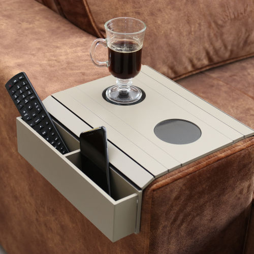 Sofa Arm Tray Table Fendy made of paint mdf with tv controls and a coup of coffee