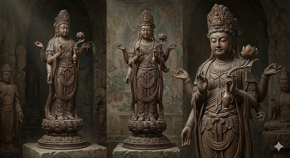 古代の木製仏像3体が暗い洞窟内に並び立つ。蓮の花を手にし、穏やかな表情で静寂を感じさせる雰囲気。背景に壁画。
