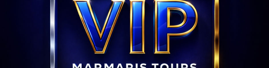 Логотип "VIP MARMARIS TOURS" в синем цвете, серебряно-золотой рамке.