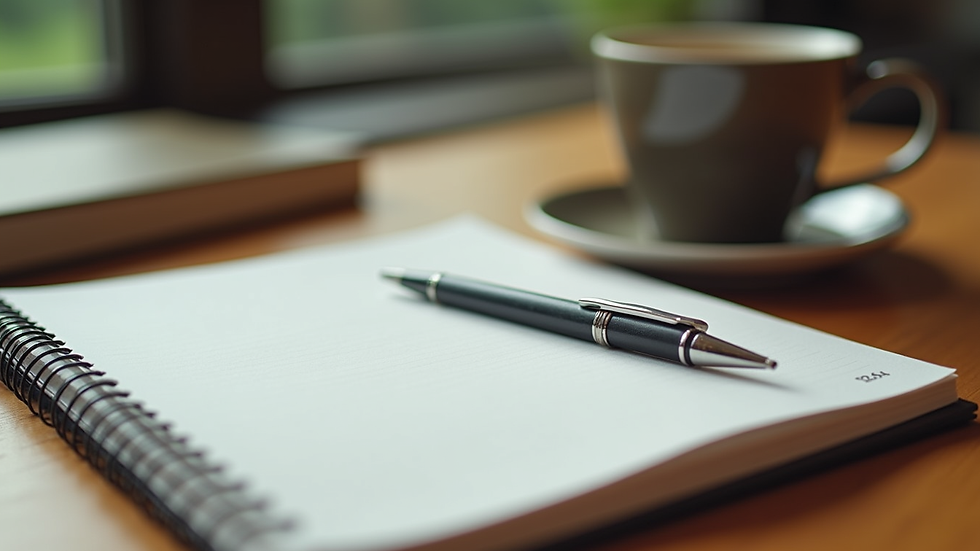 Close-up view of a notebook with a pen and a cup of tea on a wooden table