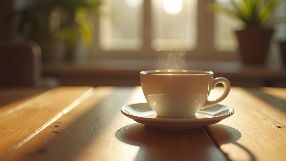 Close-up view of a cup of tea on a wooden table with soft morning light