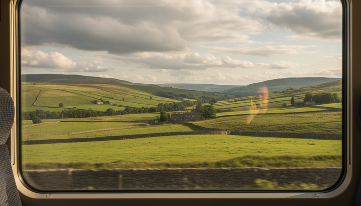 Eye-level view of a train window looking across the Pennine hills.