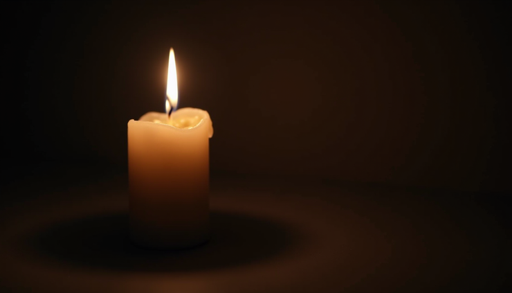 Eye-level view of a single candle burning softly in a dark room