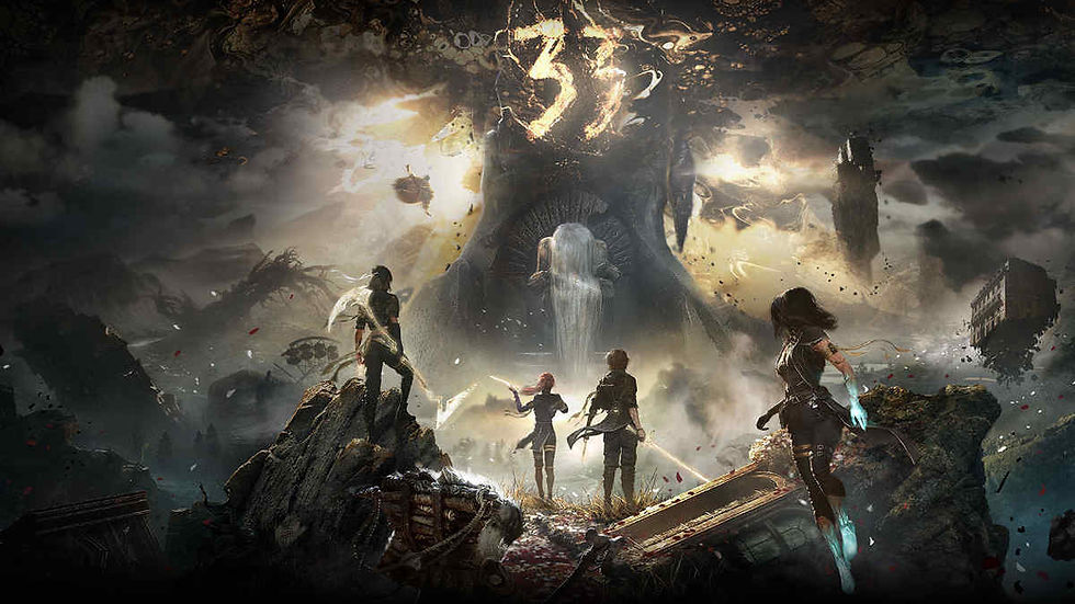 Personagens de Clair Obscur expedition 33 de costas para a câmera e de frente para entidade