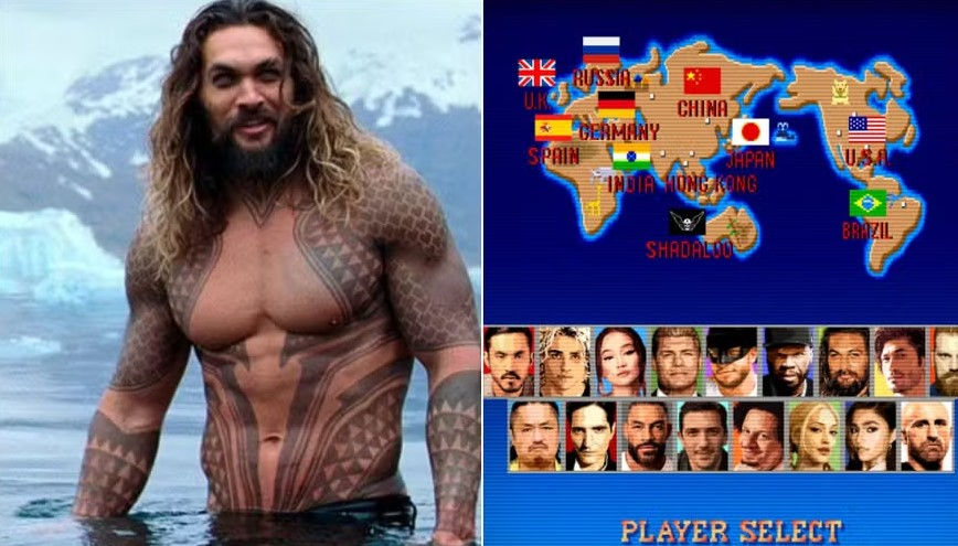 Montagem com ator de corpo nu e tatuado de um lado e mapa mundí em arte de street fighter