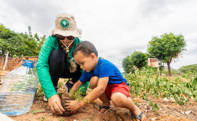 Mulher e criança manipulam muda de planta em horta