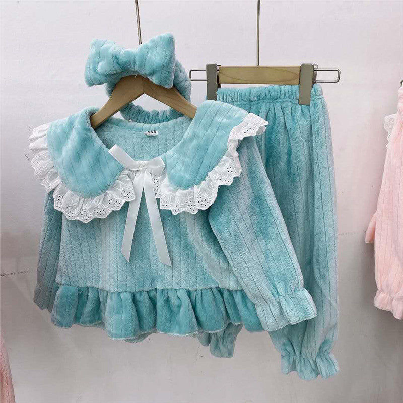 Baby Girl Solid Color Doll Neck Fleece Thickened Tops Combo Trousers Sets Pajama