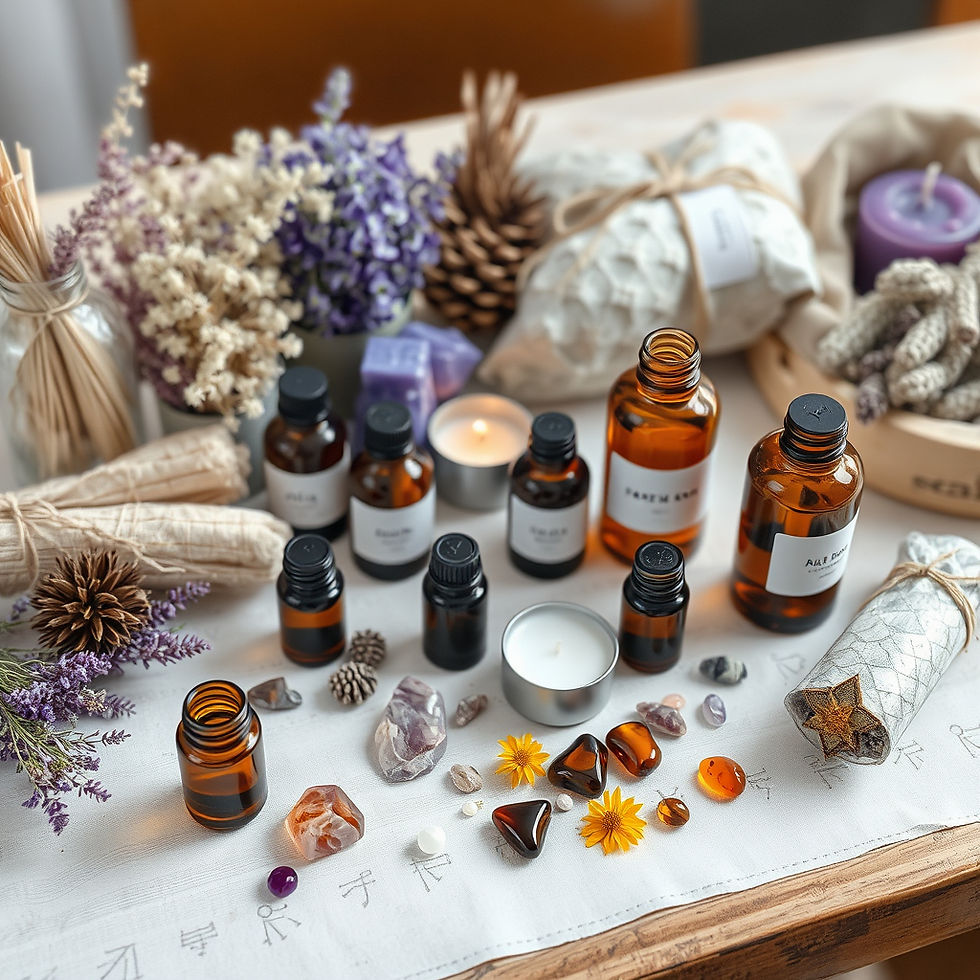 laying out on table, not overcrowded, simple amber bottles of different kinds, apothecary