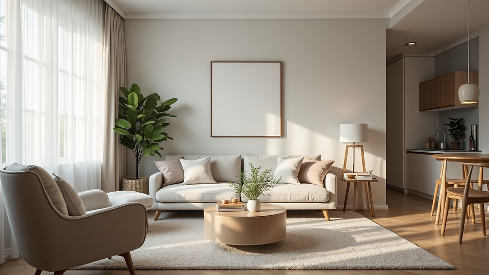 Eye-level view of a clean and organized apartment living room