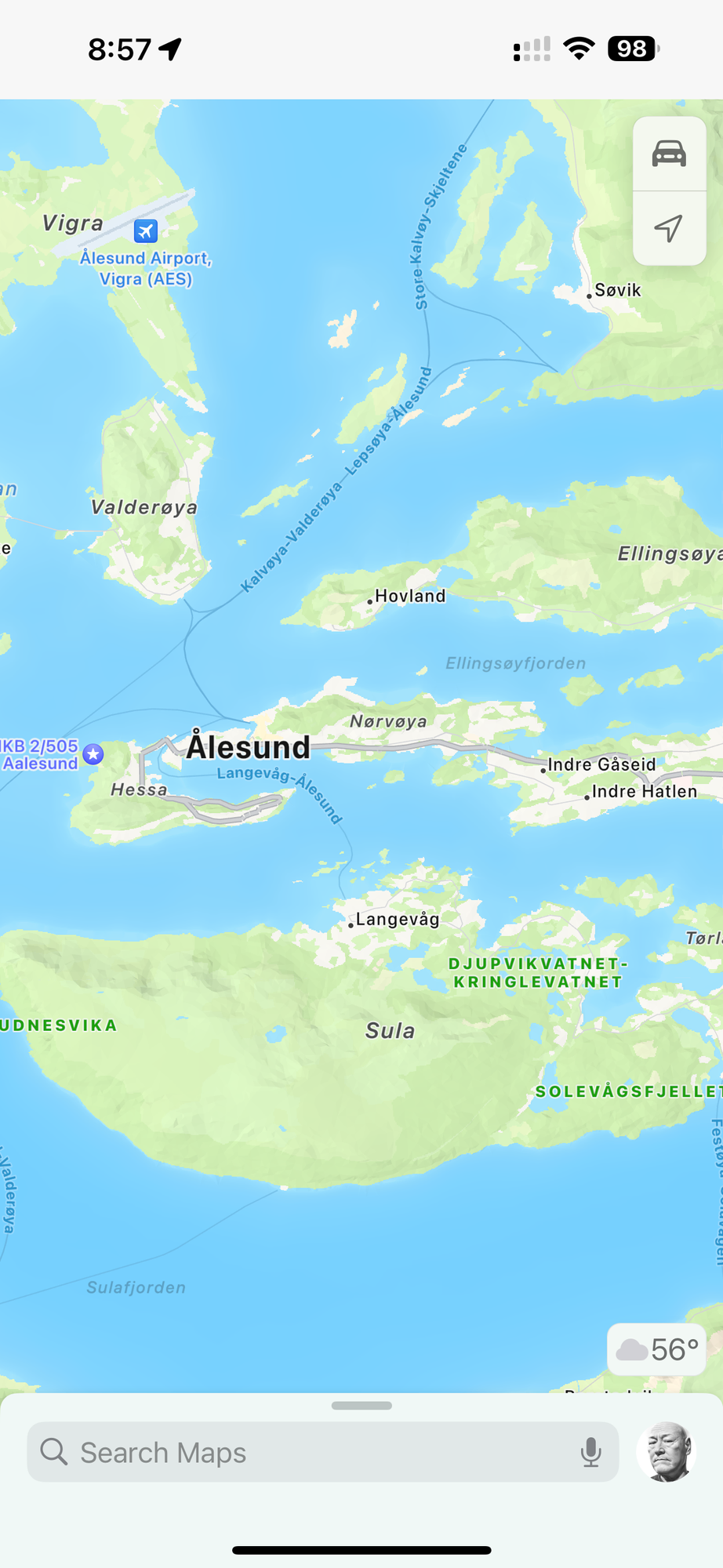 Map of Ålesund and surrounding islands in Norway.