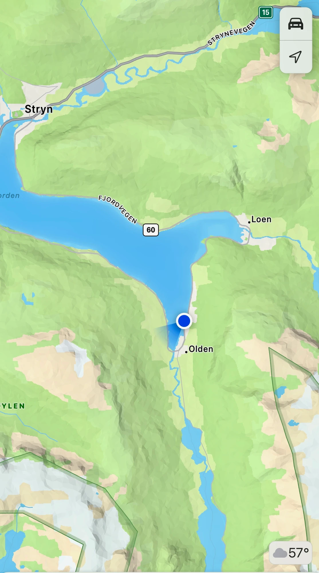 Map of Olden, Loen, and Stryn in Norway showing fjord routes.