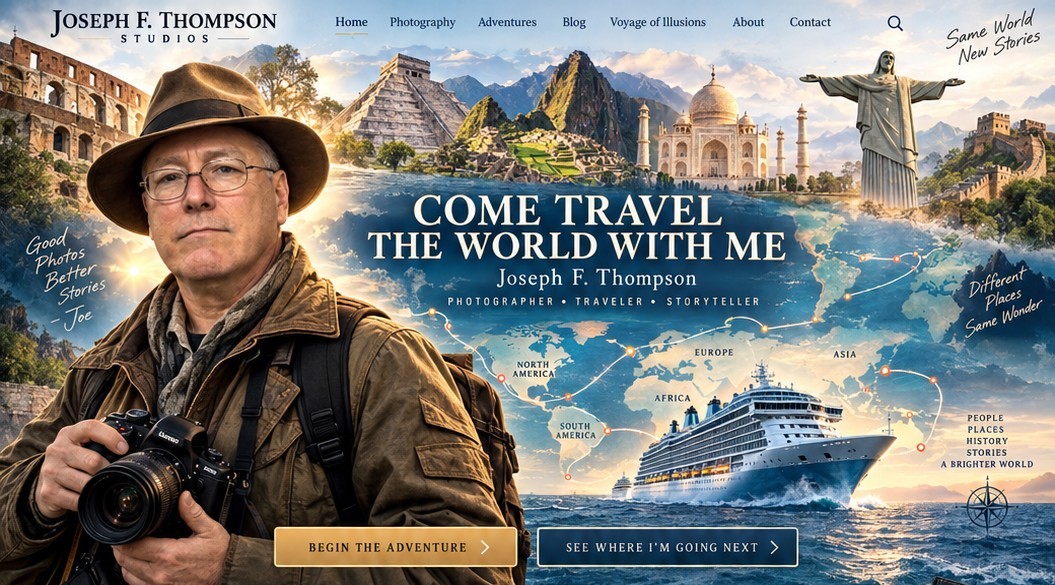 Joseph F. Thompson as a cinematic world traveler with camera, cruise ship, world map and landmarks