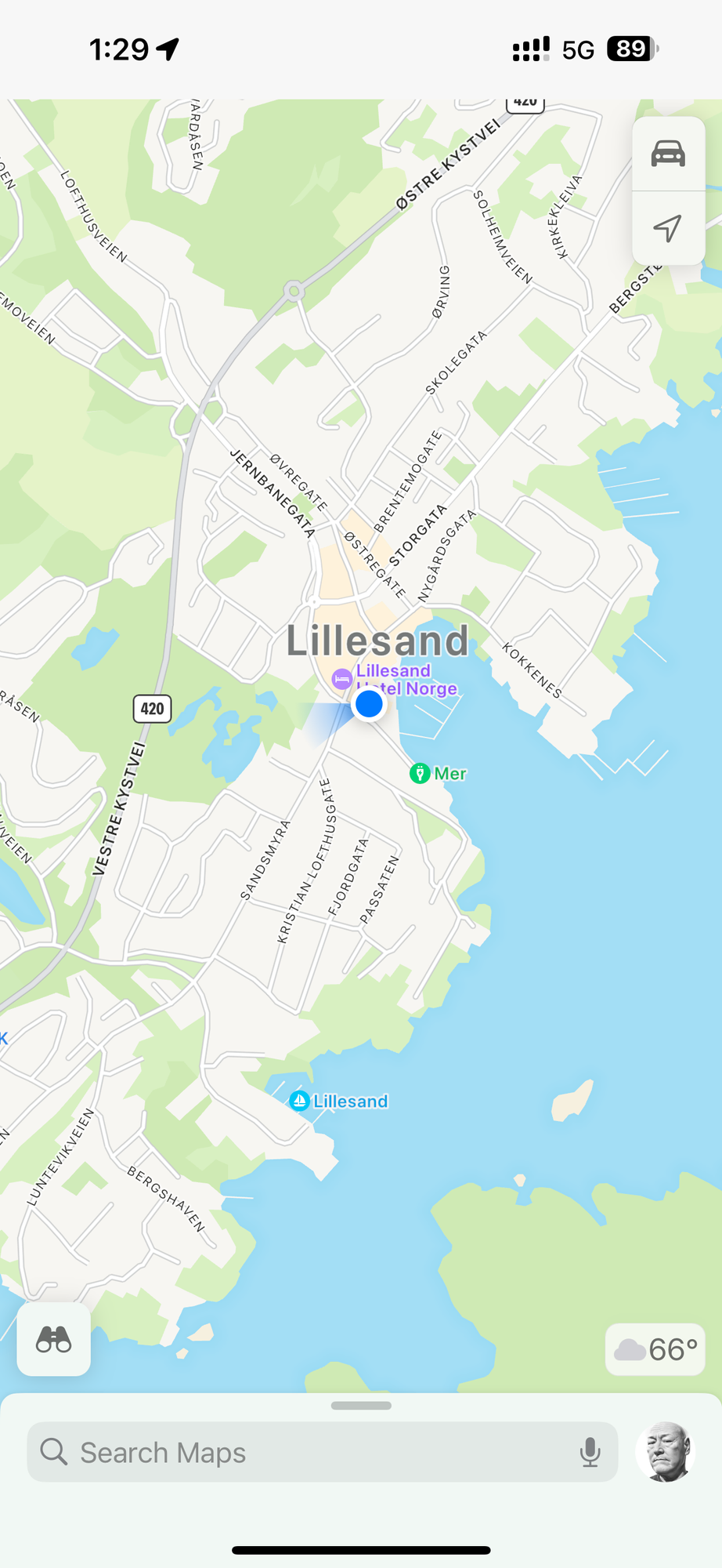 Map of Lillesand, Norway showing Lillesand Hotel Norge.