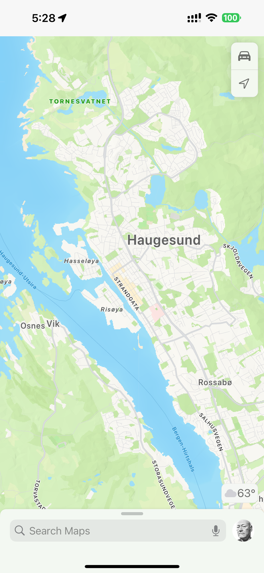 Map of Haugesund, Norway showing islands and coastline.
