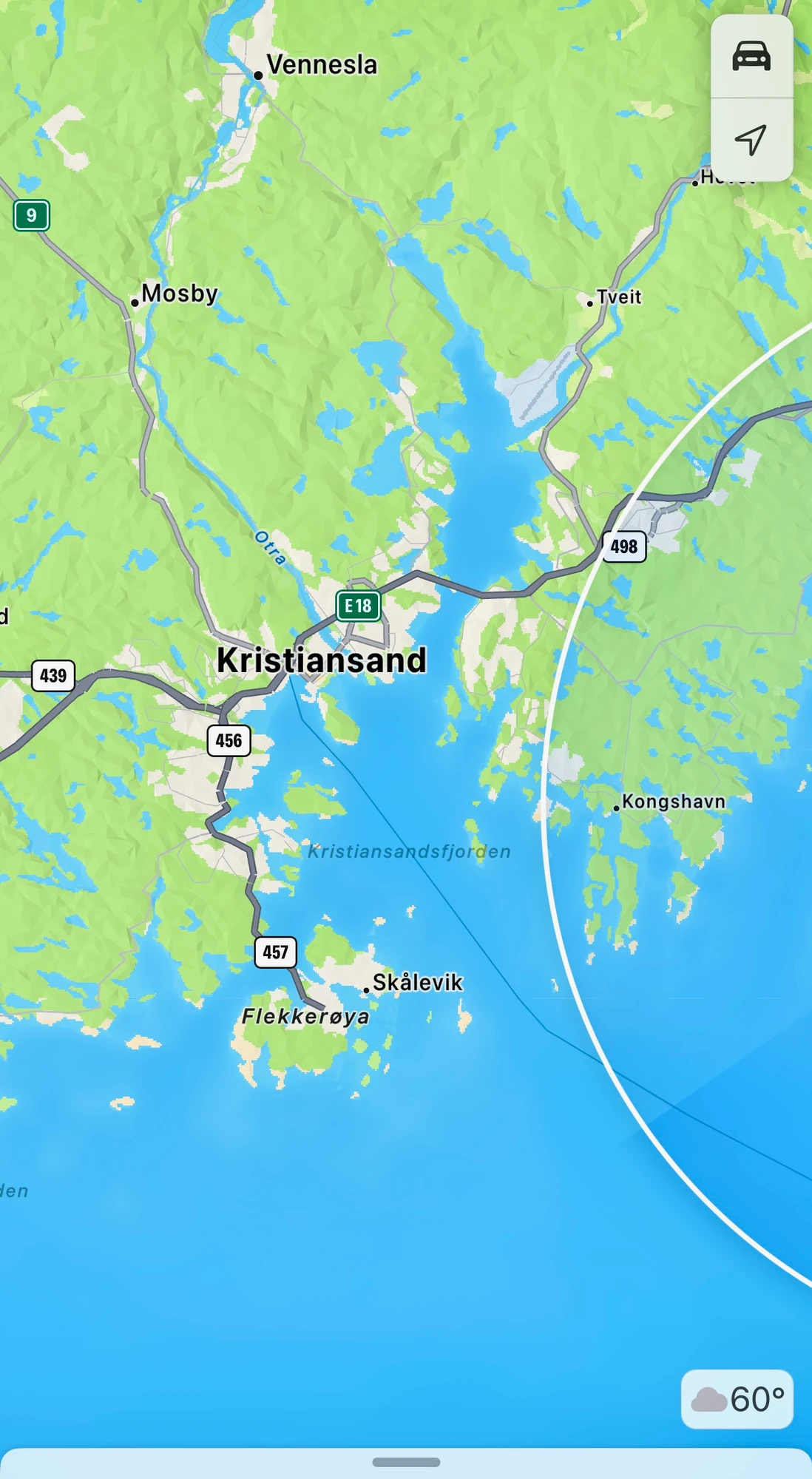 Map of Kristiansand, Norway, showing surrounding fjords.