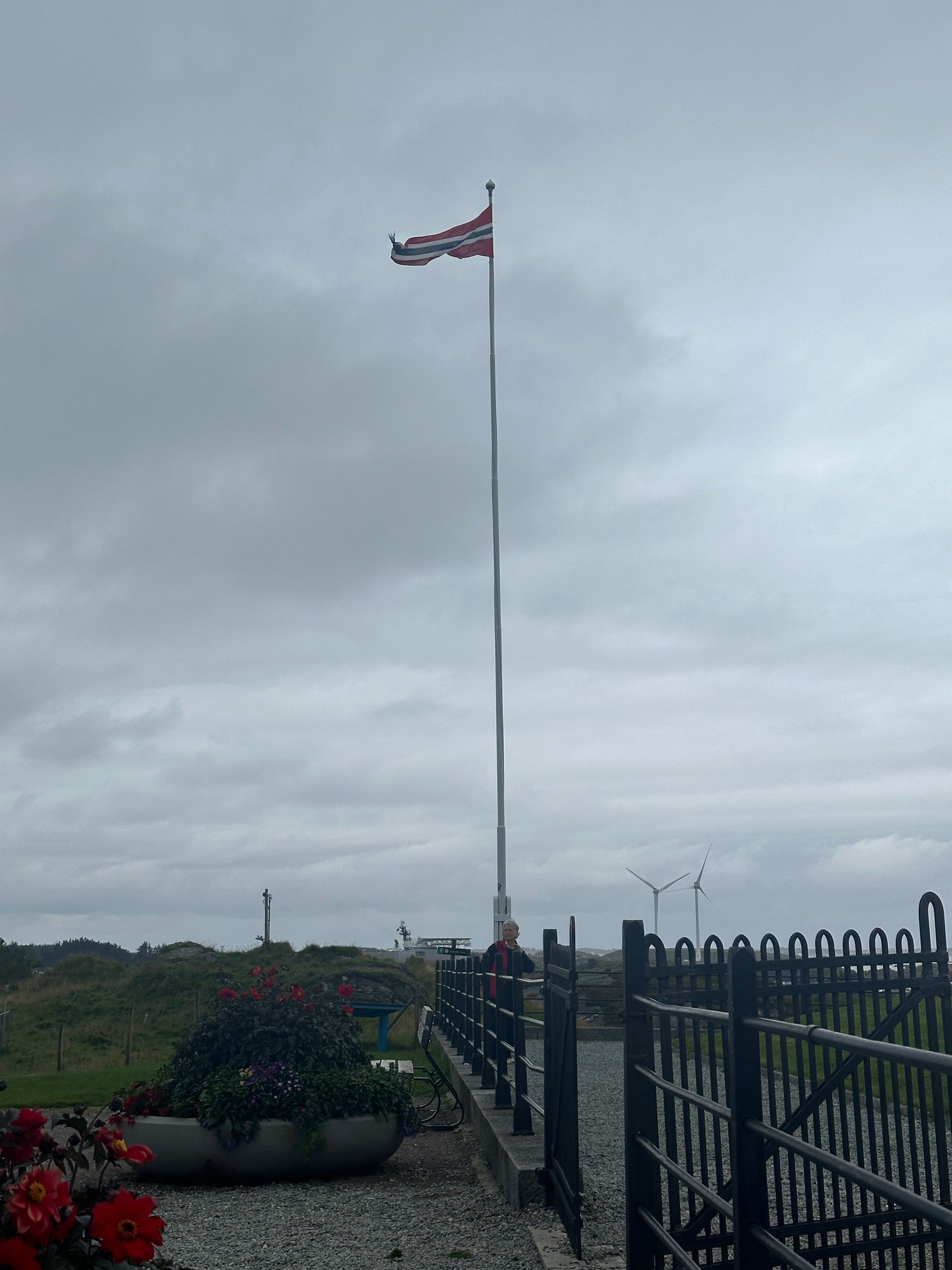 Norwegian flag on a tall pole under cloudy skies.