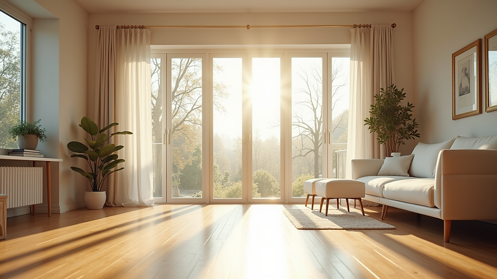 Eye-level view of a bright sunroom with large windows and natural wood flooring