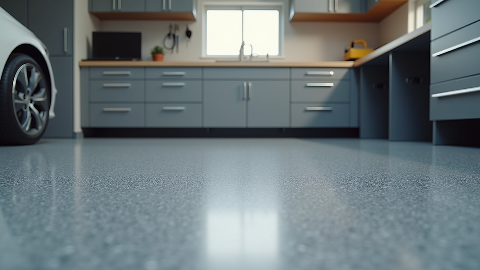 Close-up view of a garage floor with epoxy coating and custom storage units