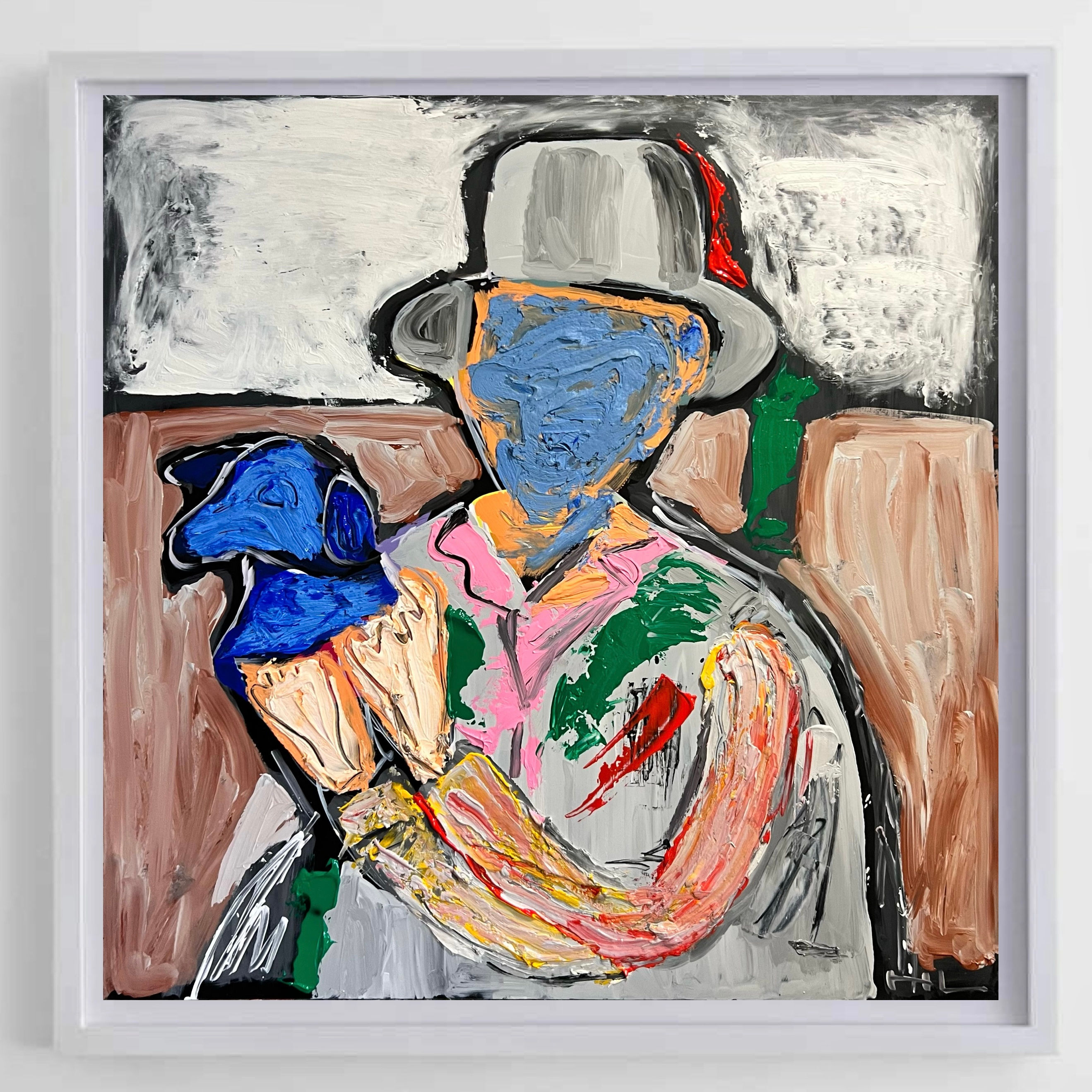 SEÑOR CON PERRO AZUL 