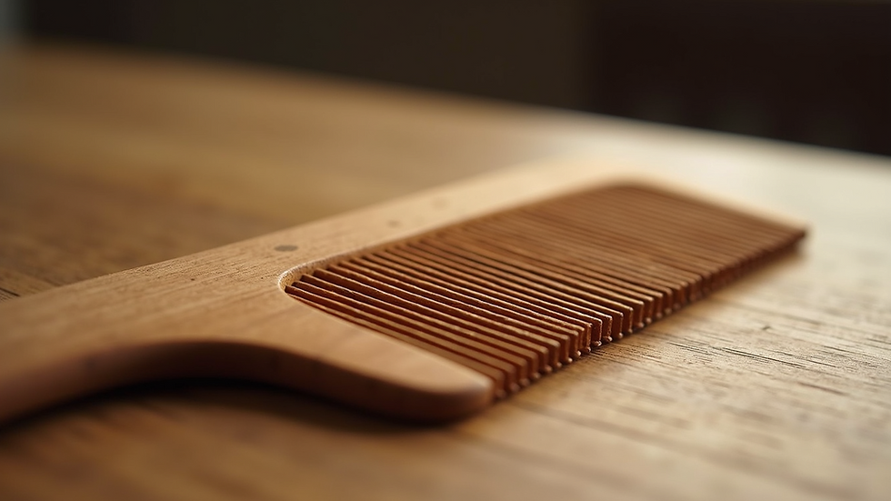 Close-up view of a wide-tooth comb on a wooden surface