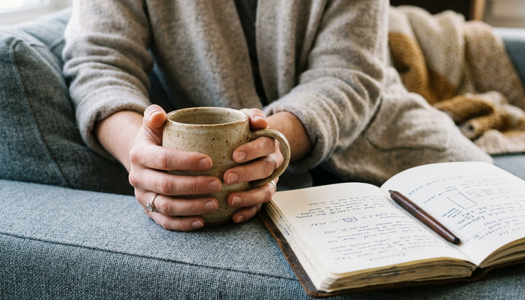 Close-up view of a person’s hands holding a mug beside an open journal on a sofa