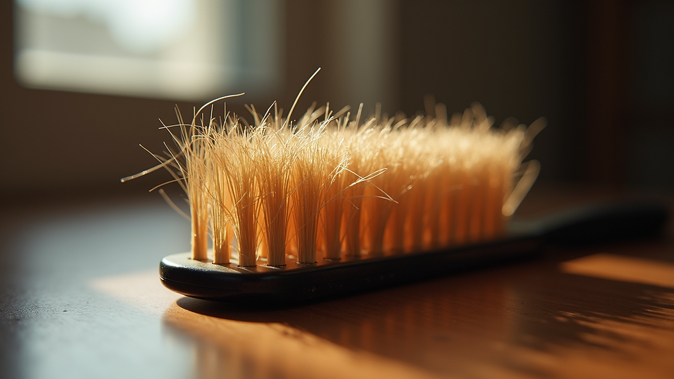 Eye-level view of a hairbrush with tangled hair strands