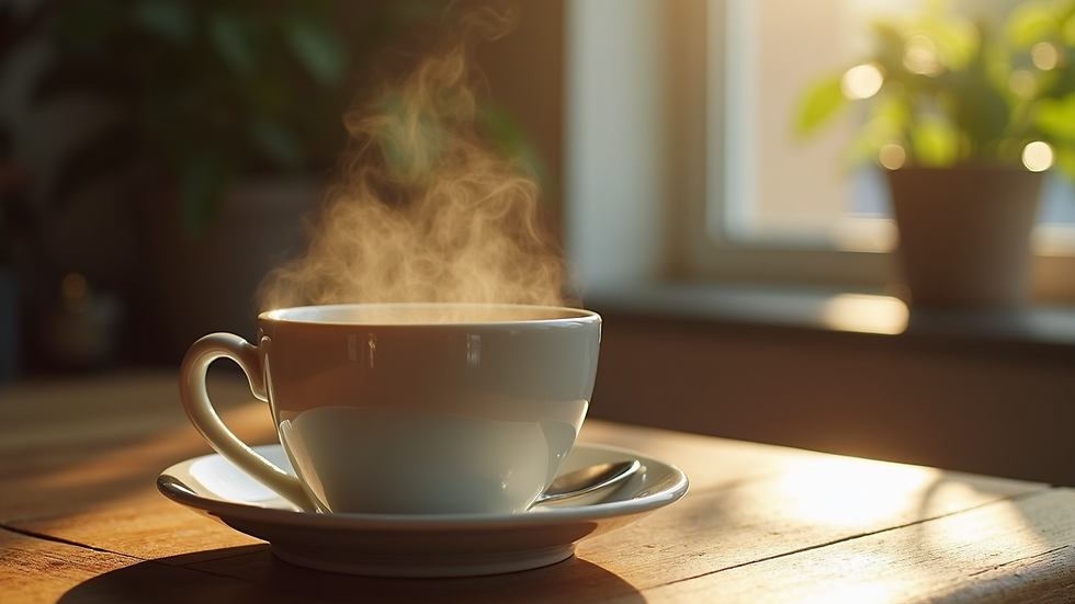 Close-up view of a steaming cup of herbal tea on a wooden table