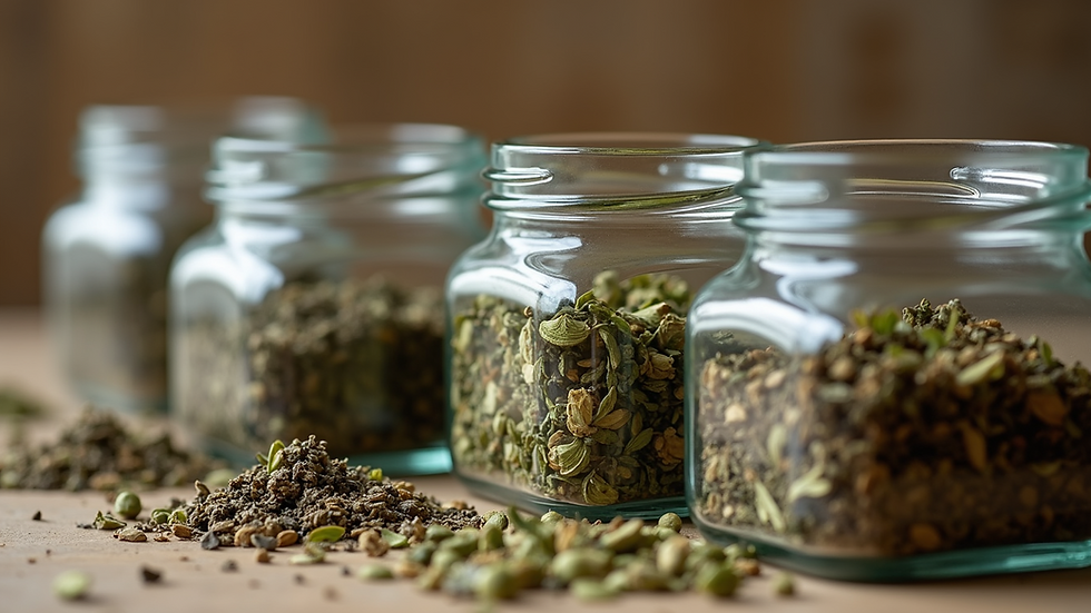 Eye-level view of dried herbs and tea leaves in glass jars