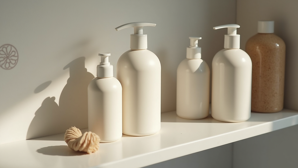 High angle view of hair care products arranged on a bathroom shelf