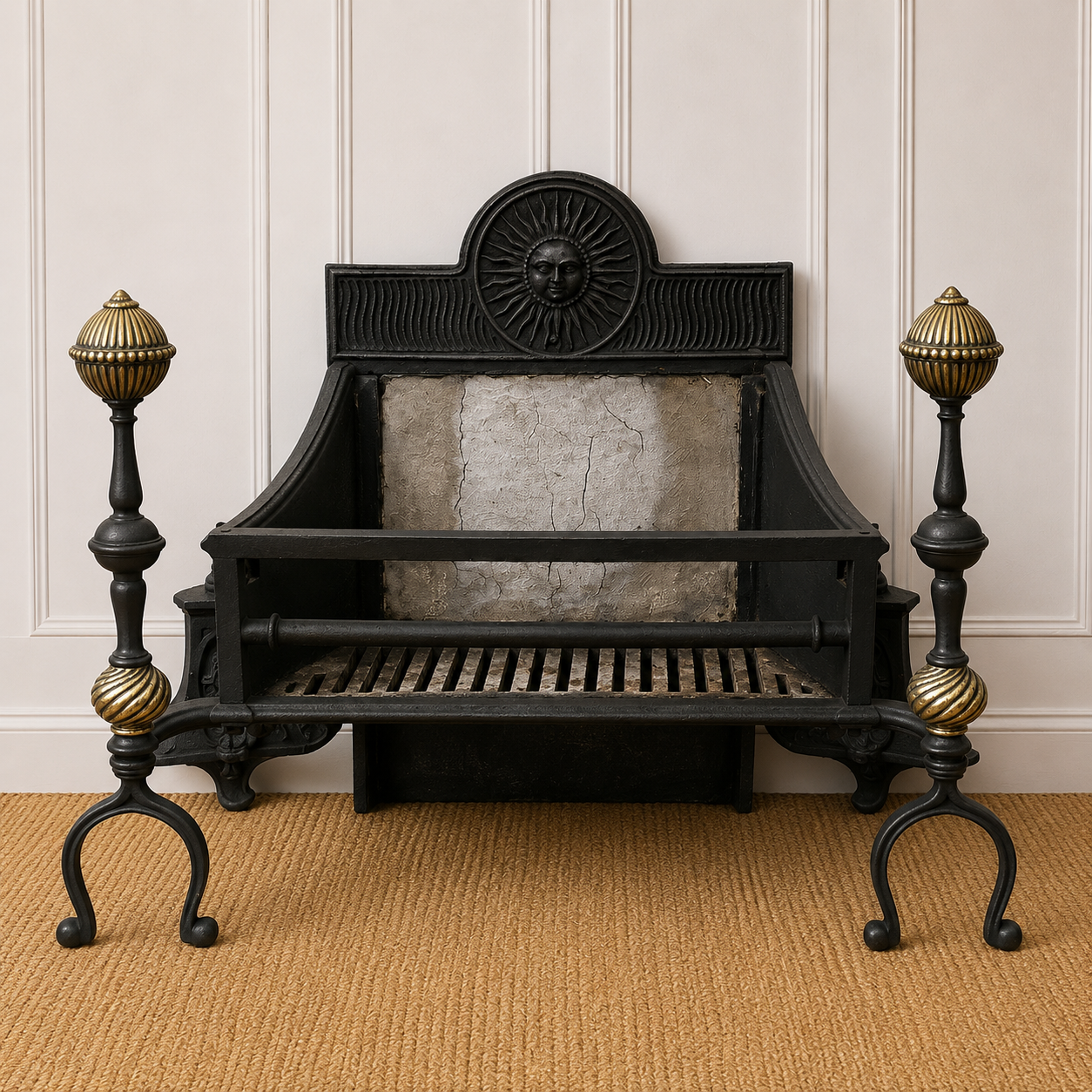 Regency Style Cast Iron Fire Grate with Sunburst Fireback and Brass Andirons