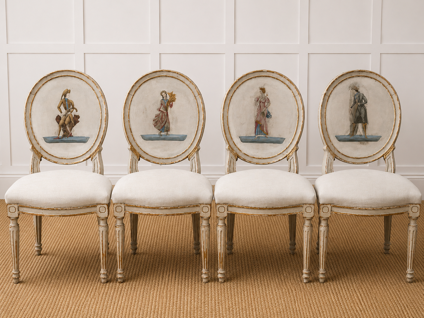 Set of Four Swedish Gustavian Painted Dining Chairs with Hand-Painted Classical