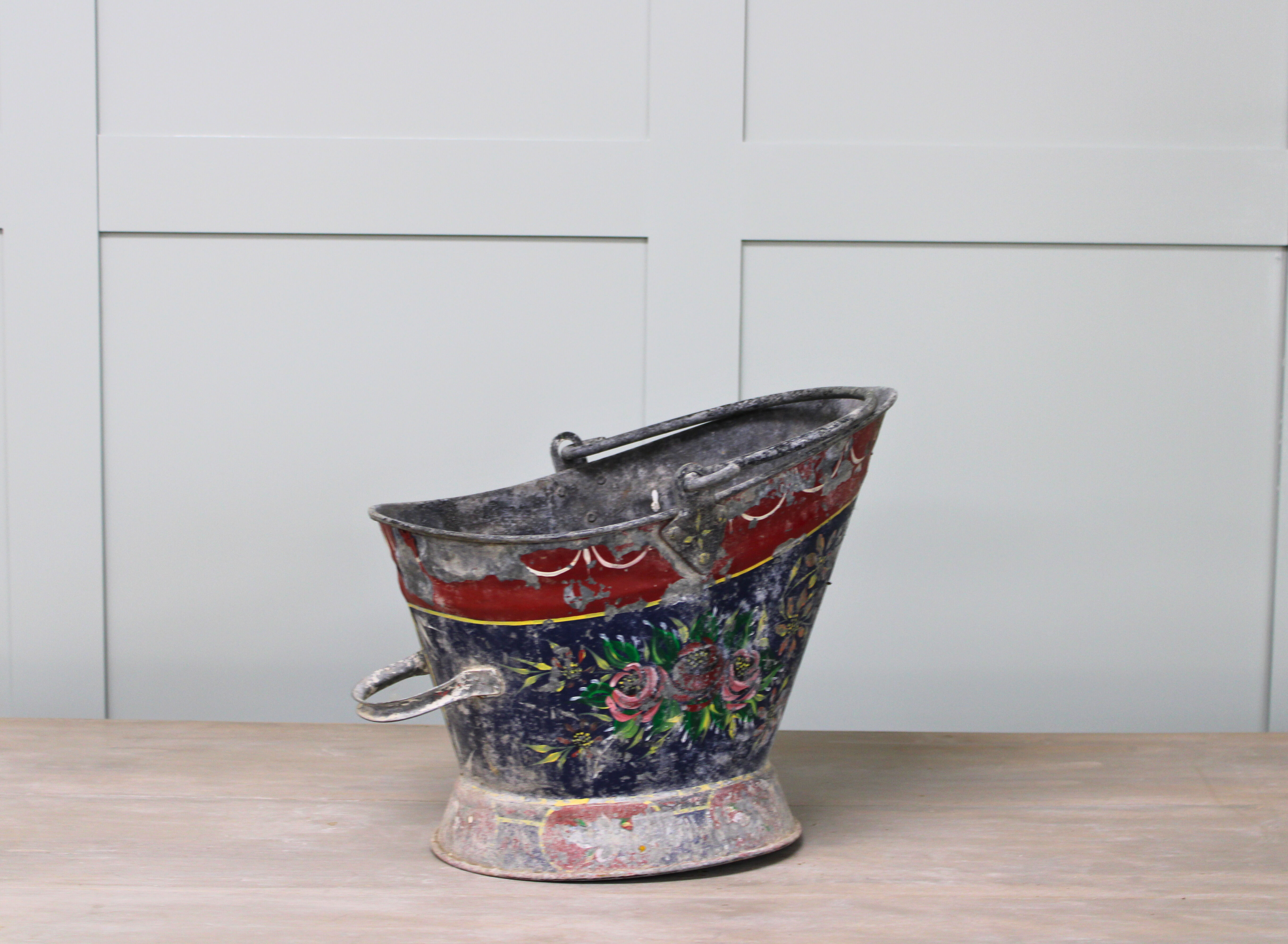 19th Century Hand-Painted Tole Coal Scuttle / Log Bucket