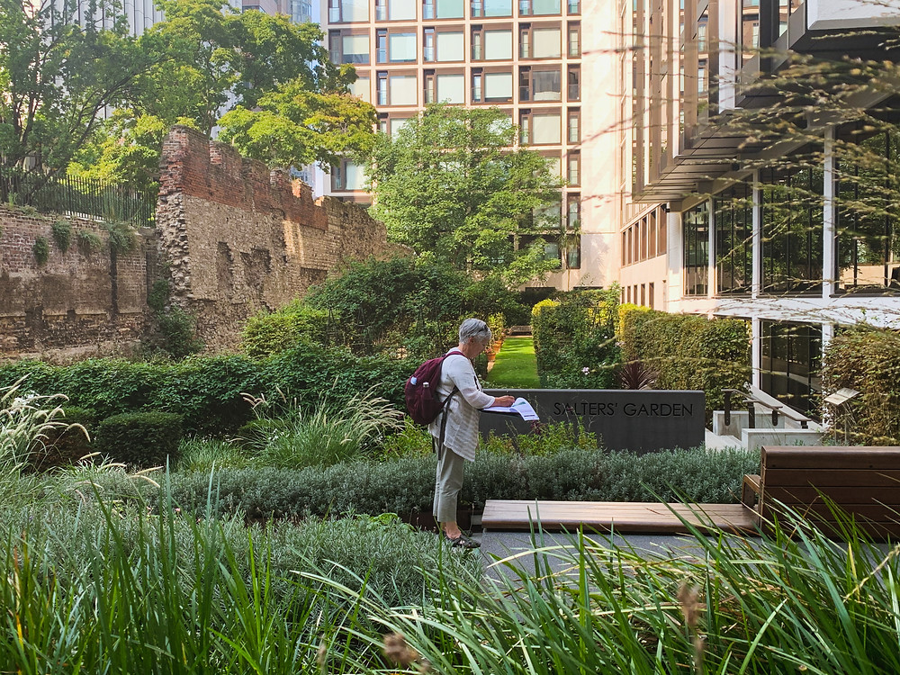A walled sunken garden with a lady making notes on a clipboard