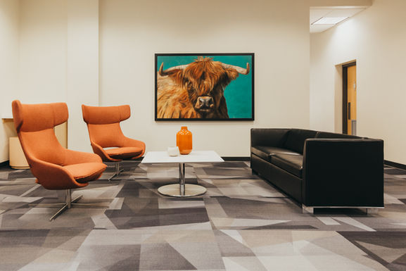 Public seating area featuring large scale artwork and custom seating.