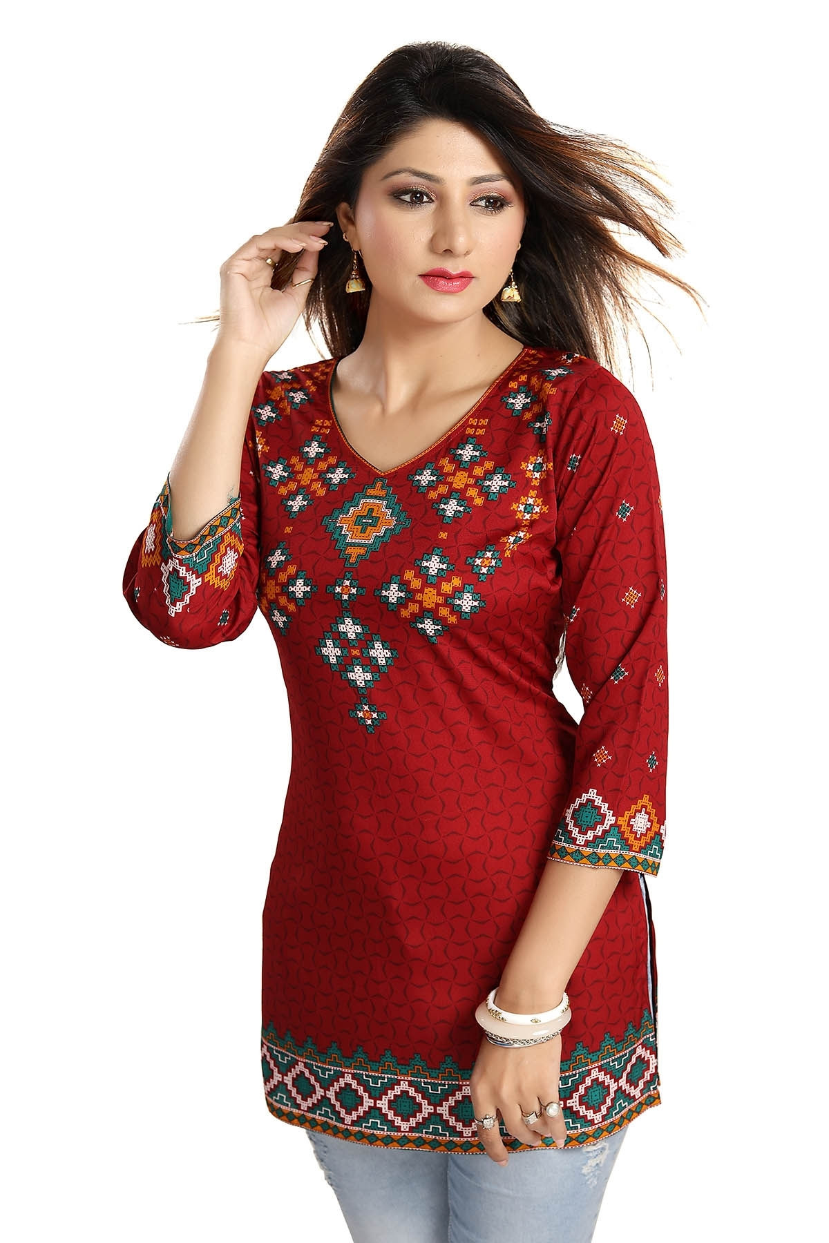 Printed Poly Crepe Short Kurti Tunic in Red