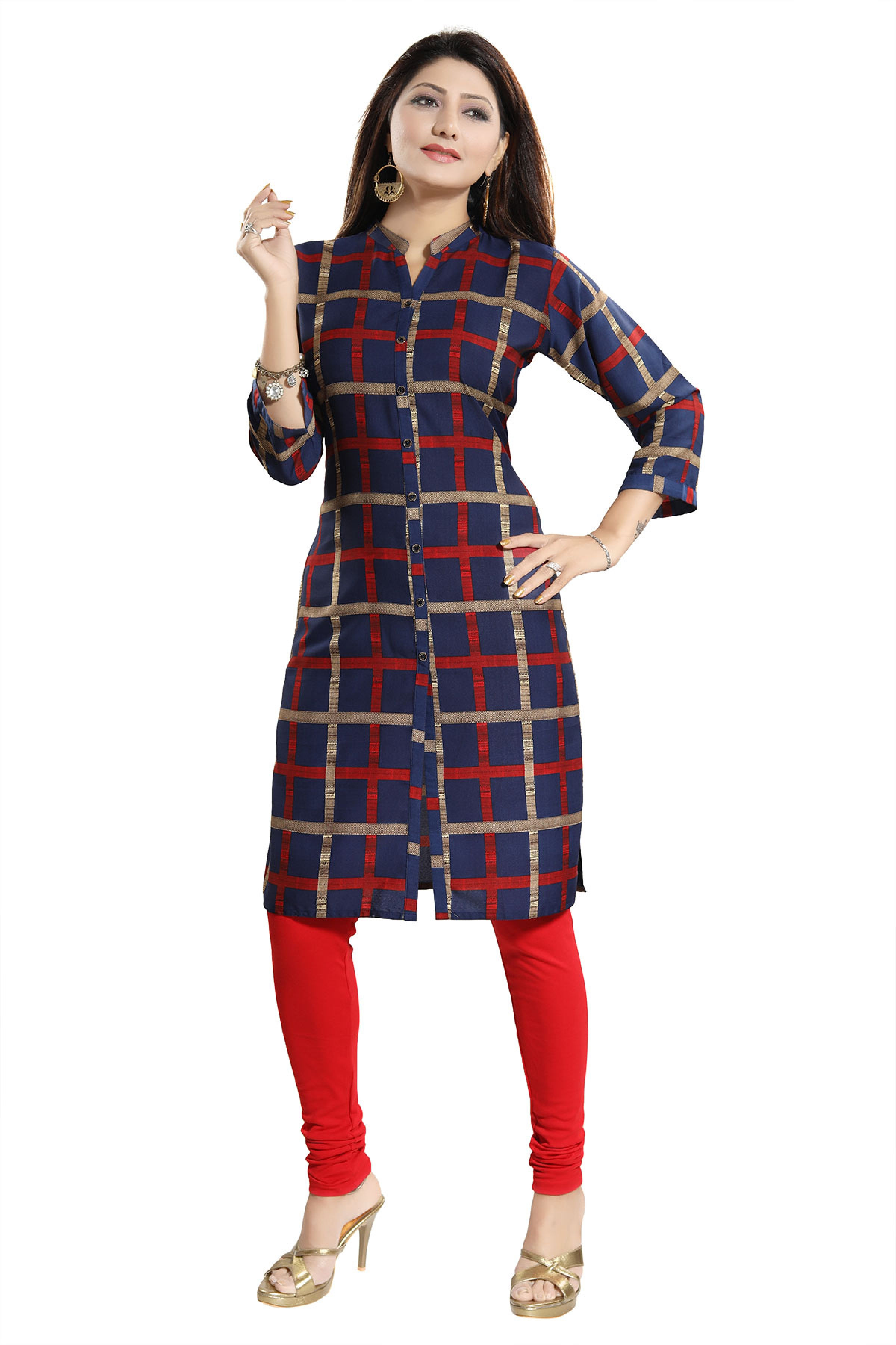 Navy Blue Checkered Long Tunic Top