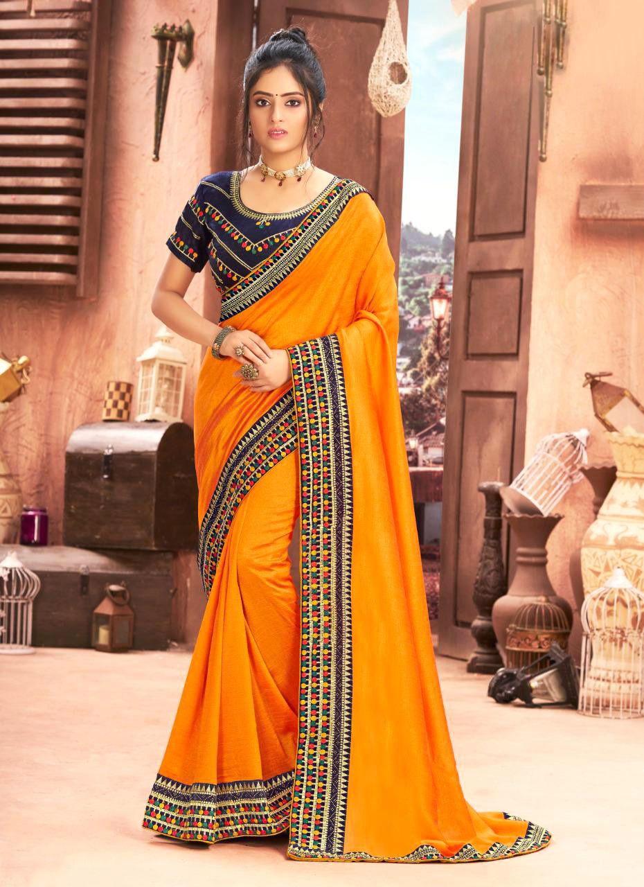 Women's Silk Saree with Multicolor Embroidered Border in Orange