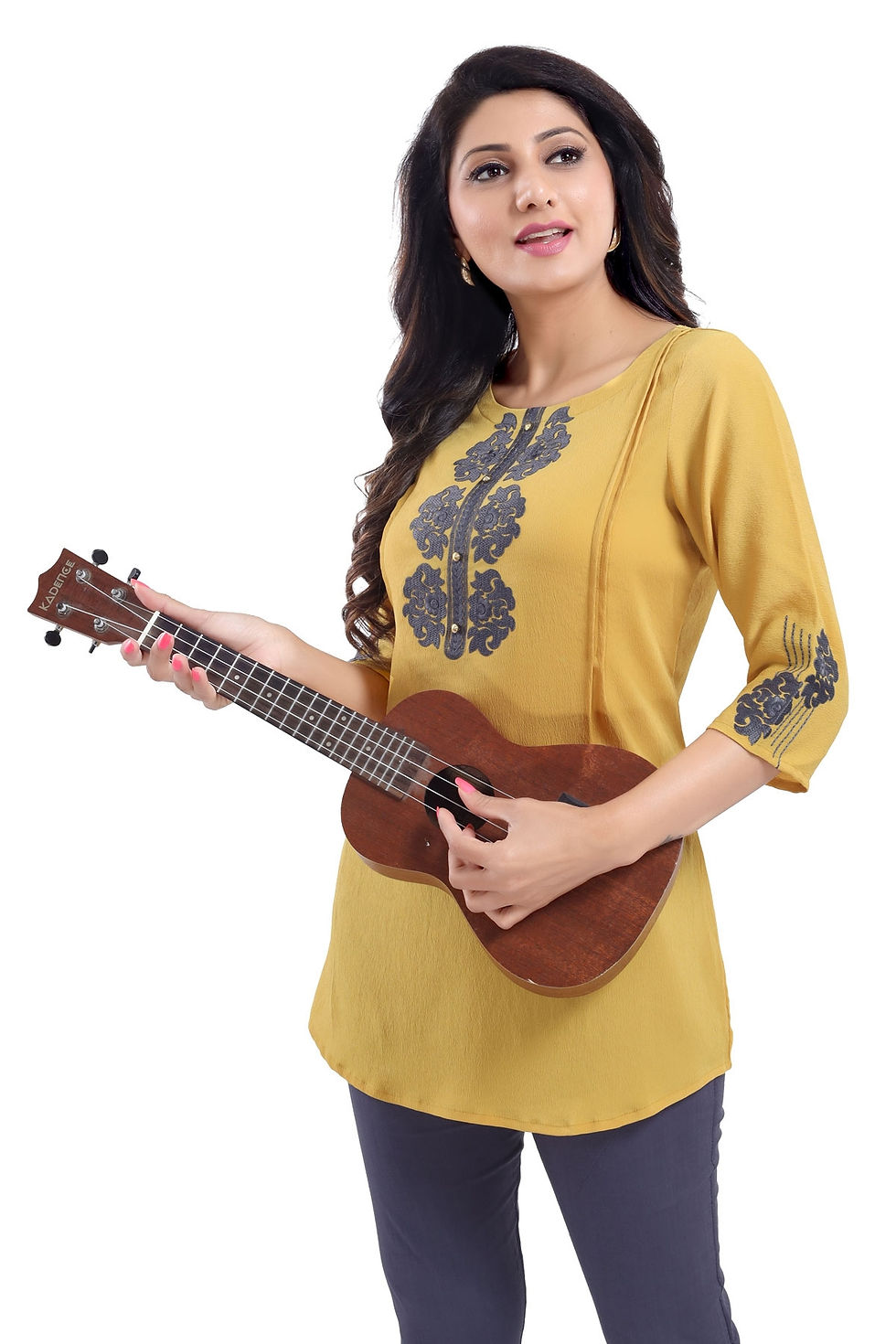 Thumbnail: Women's Tunic Top in Yellow with Grey Embroidery
