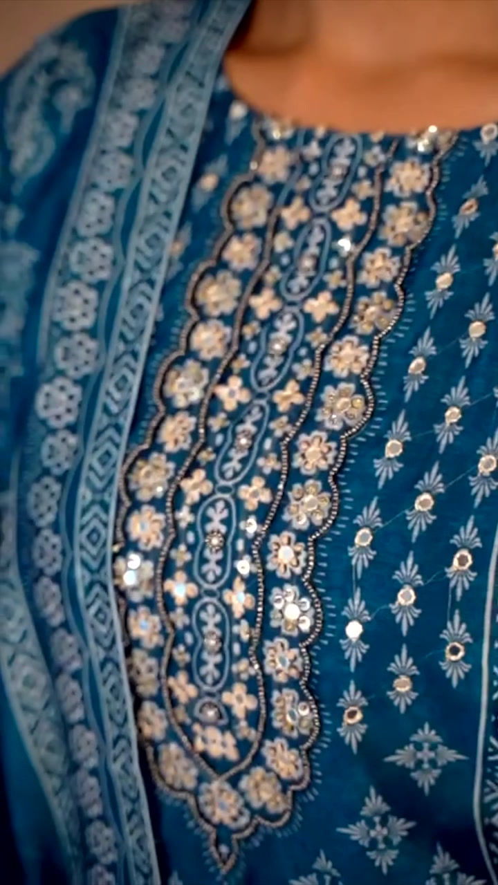 Thumbnail: Readymade Salwar Kameez Suit with Sequins Embroidery in Chanderi Silk-Blue