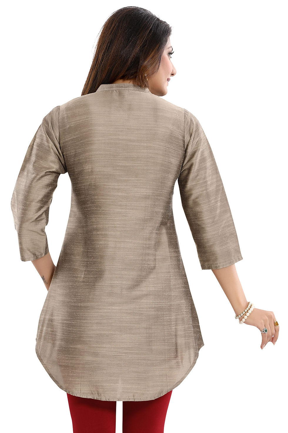 Thumbnail: Embroidered Silk Tunic Top in Khaki Color