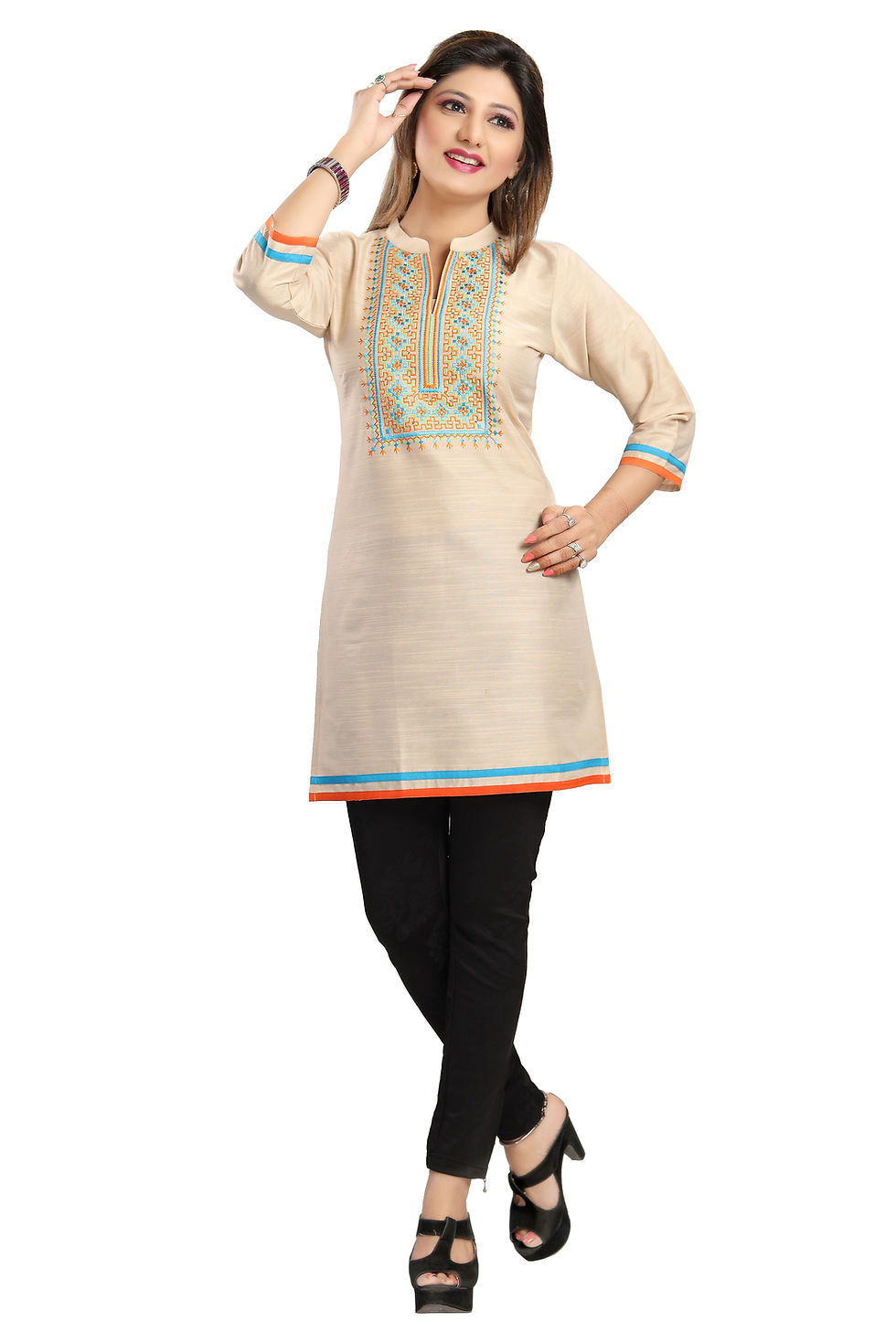 Thumbnail: Embroidered Silk Tunic in Beige