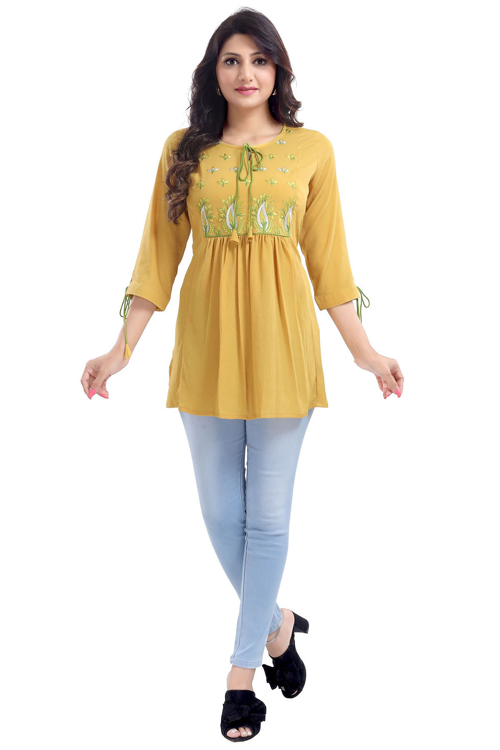 Women's Embroidered Tunic Top in Yellow & Light Green with Tassels
