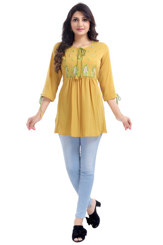 Women's Embroidered Tunic Top in Yellow & Light Green with