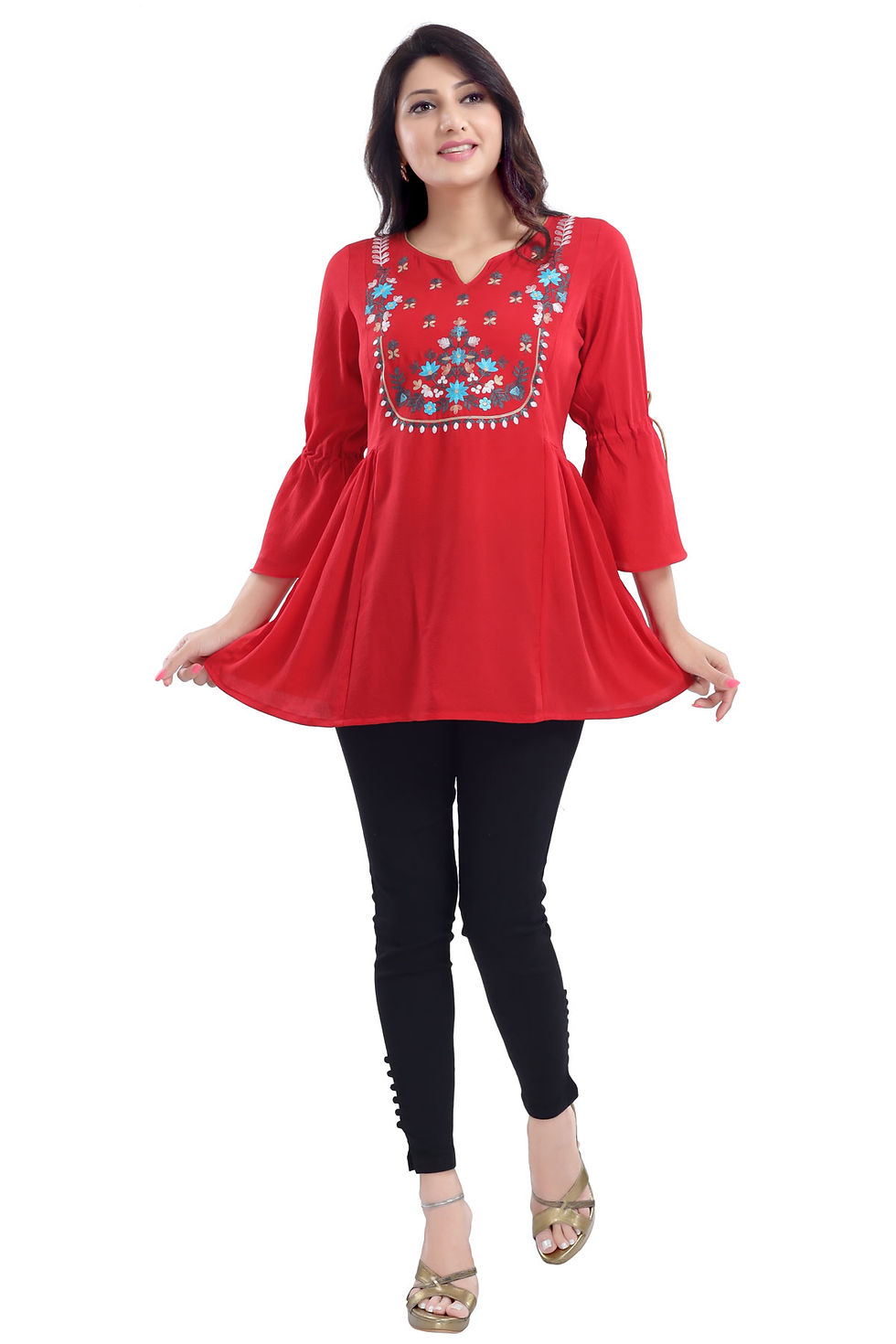 Thumbnail: Pretty Red & Sky Blue Embroidered Women's Tunic Top with Tassels