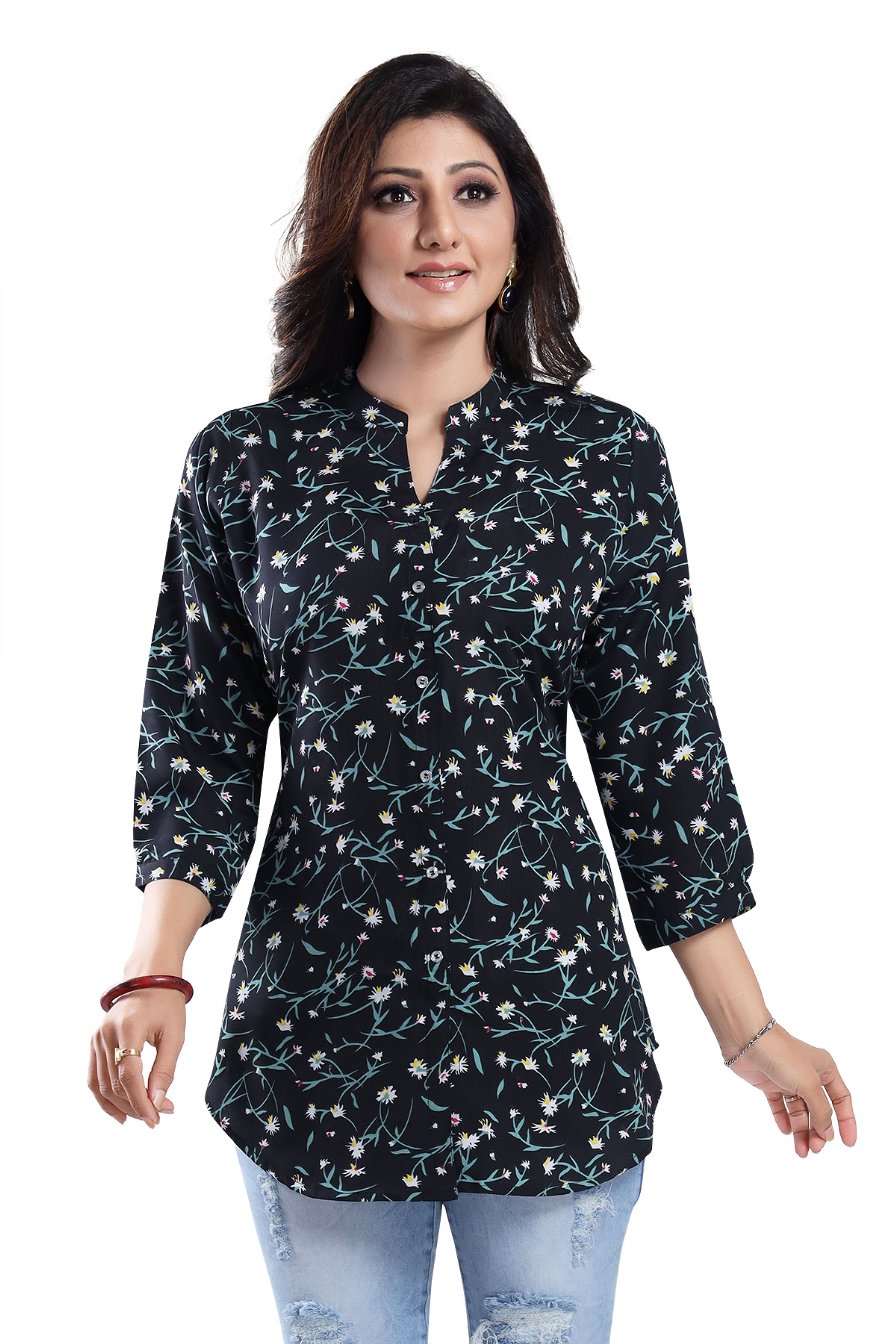 Floral Print Women's Tunic Top in Black