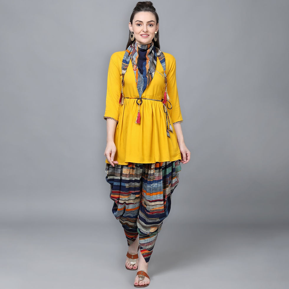 Yellow Kurti & Multicolor Printed Dhoti Pants with Scarf