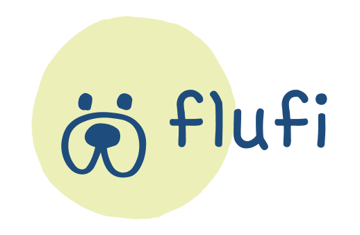 Flufi logotipas su geltonu apskritimu ir stilizuotu šuns veidu