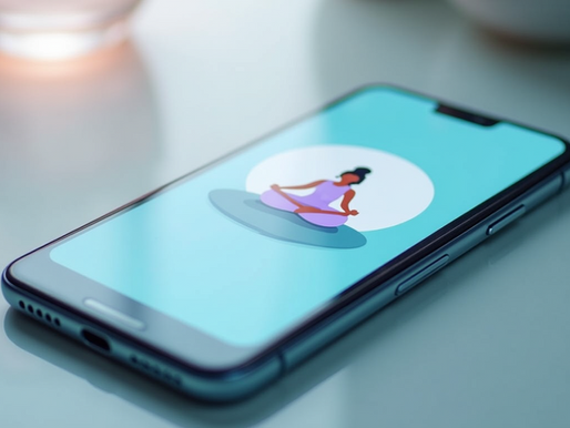 Smartphone on a table displaying a meditation app with a woman in a yoga pose. Soft lighting and blurred background create a calm mood.